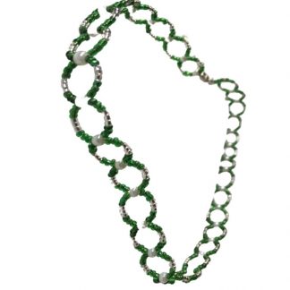 Handcrafted Dark Green Clear Seed Beads and White Pearls Circular Necklace 17 Inch