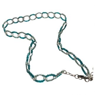 Handcrafted Dark and Light Teal Seed Bead and Clear Swarovski Crystal Circular Necklace 14 Inch