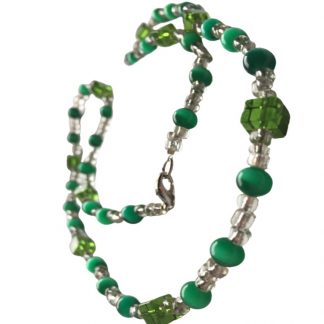Handcrafted Dark Green Catseye and Cube Beads with Clear Glass Beads 22 Inch Necklace