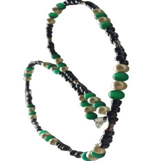 Handcrafted Dark Green Catseye Beige Pearl Bead and Tibetan Silver Bowtie 23 Inch Necklace
