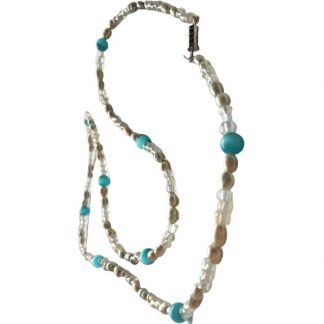 Handcrafted Light Blue Pearl and Teal Opal Catseye Bead 23 Inch Necklace