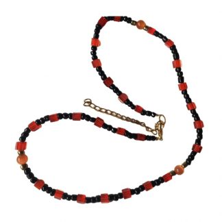 Handcrafted Black Gold and Orange Round Cube and Catseye Bead 17 Inch Necklace