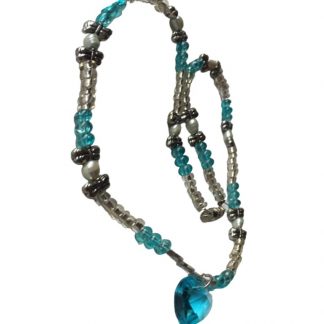 Handcrafted Turquoise Crackle Clear Beads Light Blue Pearl Silver Butterfly 17 Inch Necklace with Blue Heart