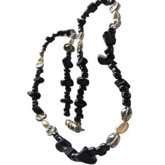 Handcrafted Black Silver Sun Moon Beads with Oblong Pearls 19 Inch Necklace