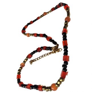 Handcrafted Orange Black and Gold Glass Beads Cubes and Catseye 17 Inch Necklace