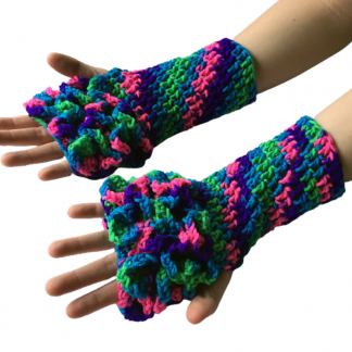 Pink Purple Green and Teal Variegated Dragon Scales 10x3 Inch Fingerless Gloves