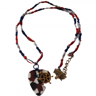 Handcrafted Red White Blue Hand Woven Necklace with Red White Blue Guitar Pick Gold Ship Wheel Charm