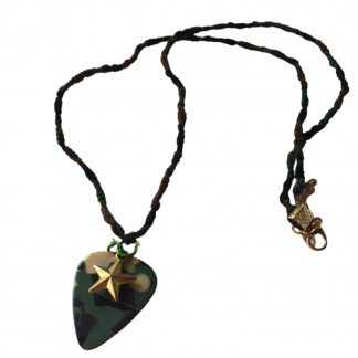 Handcrafted Green Brown Black Hand Woven Necklace with Camo Guitar Pick and Gold Star Charm