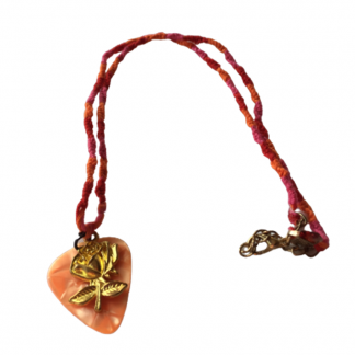Handcrafted Orange Red Pink Hand Woven Necklace with Orange Guitar Pick Gold Rose Charm