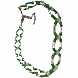 Handcrafted Dark Green Clear Seed Beads and White Pearls Circular Anklet 10 Inch