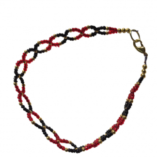 Handcrafted Black Red and Gold Seed Bead Circular Anklet Bracelet 9 Inch