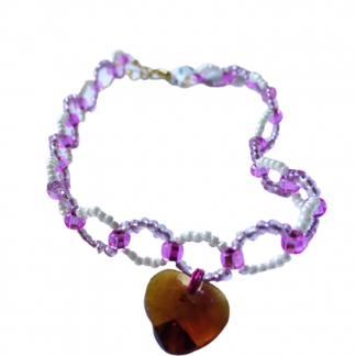 Handcrafted Pink and Pearl Seed Bead with Dark Brown Crystal Heart Circular Anklet Bracelet 9 Inch