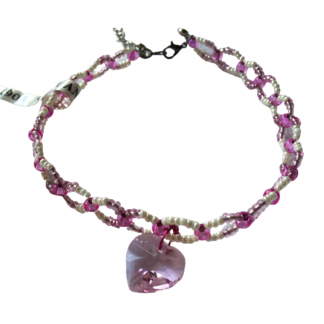 Handcrafted Light and Dark Pink with Pearls and Crystal Heart Circular Anklet Bracelet 9 inch