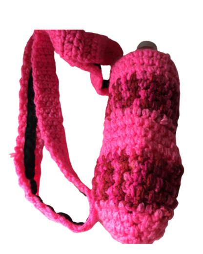 Hand Crocheted Hot Pink and Variegated Burgundy and Pink Crocheted Water Bottle Holder 9x4 with 41 Inch Strap