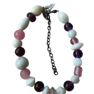 Handcrafted Opaque White and Pink Glass Bead and Wire Bracelet 7 Inch