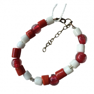 Handcrafted Red And White Bead and Wire Bracelet 7 inches