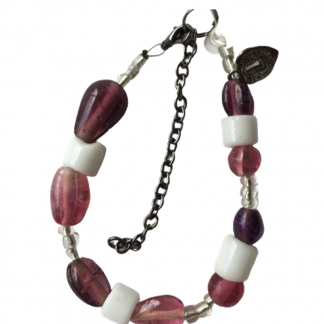 Handcrafted White and Purple Glass Bead Bracelet 6 inches