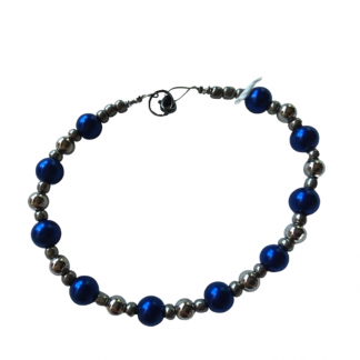 Handcrafted Bright Silver and Dark Blue Bead and Wire Bracelet 8 inches