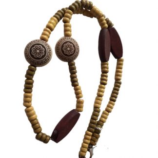 Handcrafted Blond and Brown Wood Tube Bead with Black and Gray Tribal Beads 22 Inch Necklace