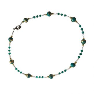 Handcrafted Jade Green and Gold Ball and Pearl Beaded 17 Inch Necklace