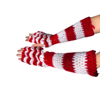 Hand Crocheted Dark Red and Sparkling White Striped Dragon Scales Top Only 4x16 Inch Fingerless Gloves