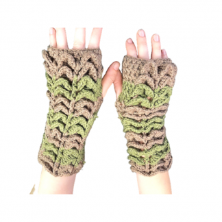 Hand Crocheted Brown and Olive Green Sparkle 4x10 Inch Full Front Sleeve Dragon Scales Fingerless Gloves