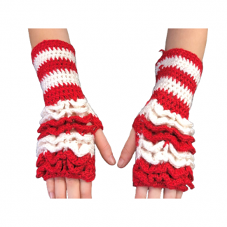 Hand Crocheted Red and White Striped 3x10 Inch Dragon Scales Top Front Only Fingerless Gloves