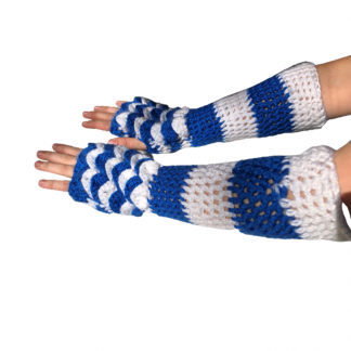 Hand Crocheted Blue with Sparkling White Striped Dragon Scales Top Only 4x14 Inch Fingerless Gloves