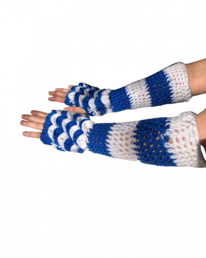 Hand Crocheted Blue with Sparkling White Striped Dragon Scales Top Only 4x14 Inch Fingerless Gloves