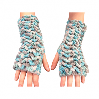 Hand Crocheted Variegated Turquoise and Gray 4x10 Inch Full Front Sleeve Dragon Scales Fingerless Gloves