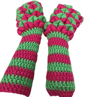 Hand Crocheted Neon Green and Watermelon Striped Front Only 3x13 Inch Dragon Scales Fingerless Gloves