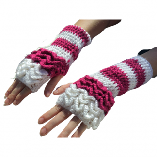 Hand Crocheted Plum Wine and White Striped Dragon Scales Top Only 4x9 Inch Fingerless Gloves