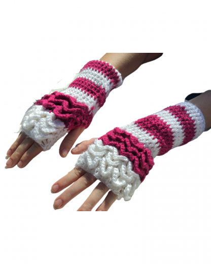 Hand Crocheted Plum Wine and White Striped Dragon Scales Top Only 4x9 Inch Fingerless Gloves