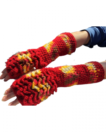 Hand Crocheted Autumn Red and Variegated Autumn Colors Dragon Scales 12x4 Inch Top Only Fingerless Gloves