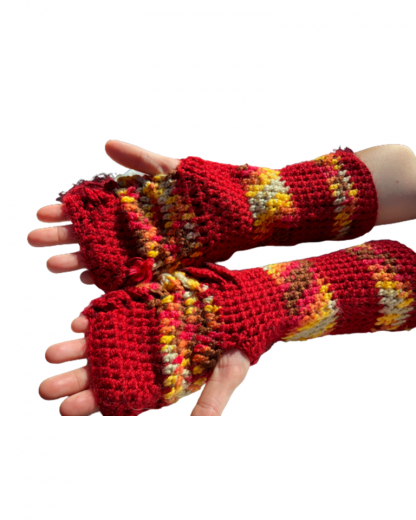Hand Crocheted Autumn Red and Variegated Autumn Colors Dragon Scales 12x4 Inch Top Only Fingerless Gloves