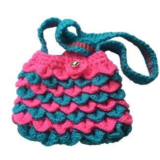 Hand Crocheted Hot Pink and Teal Blue Dragon Scales 8x7 Inch Tote with White Lining