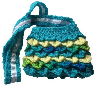 Hand Crocheted Turquoise White and Variegated Greens Blues Dragon Scales 8x7 Tote with White Lining