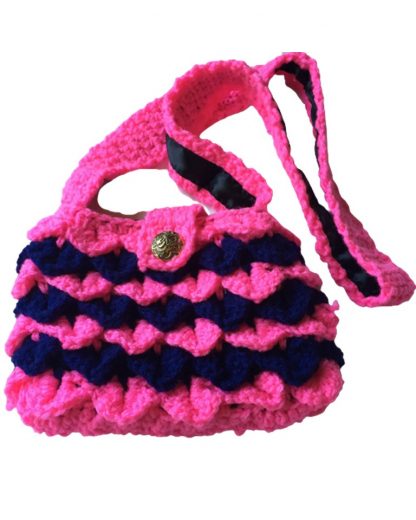 Hand Crocheted Hot Pink and Dark Blue Dragon Scales 8x6 Tote with Black Lining