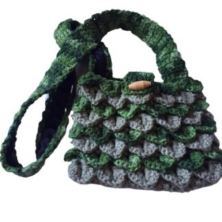 Hand Crocheted Light Sage and Variegated Greens Dragon Scales 8x6 Tote with Black Lining
