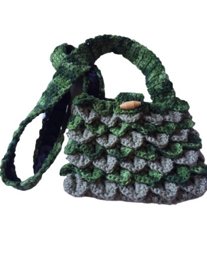 Hand Crocheted Light Sage and Variegated Greens Dragon Scales 8x6 Tote with Black Lining
