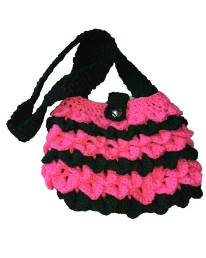 Hand Crocheted Hot Pink and Dark Green Dragon Scales 9x7 Tote with Black Lining