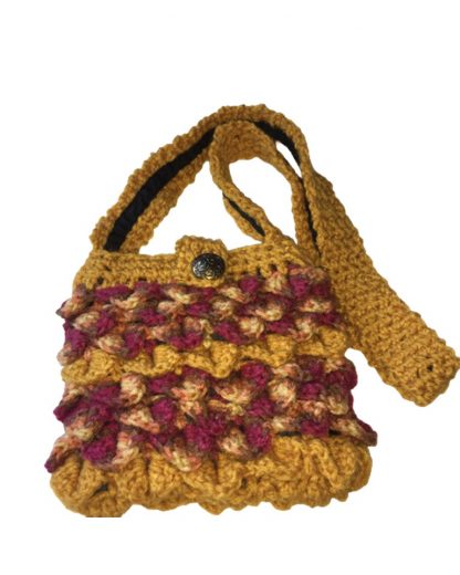Hand Crocheted Gold and Variegated Maroon Gold Yellow Dragon Scales 8x6 Tote with Black Lining