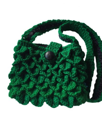Hand Crocheted Dark Green Dragon Scales 6x8 Tote with Black Lining