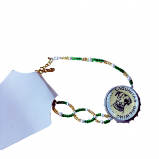 Green Gold and White Beaded Recycled Lagunitas Dog Bottlecap 7 Inch Bracelet