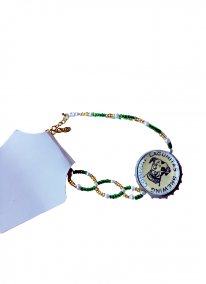 Green Gold and White Beaded Recycled Lagunitas Dog Bottlecap 7 Inch Bracelet