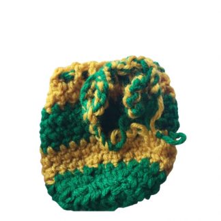 Hand Crocheted Green and Gold Striped Drawstring 4 x 4 Coin Bag