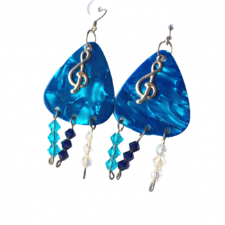Turquoise Guitar Pick Blue and Clear Crystal Bead Earrings