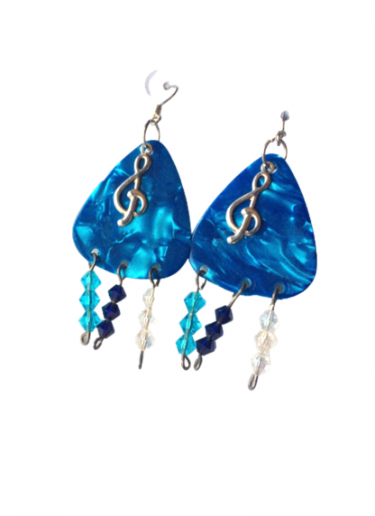 Turquoise Guitar Pick Blue and Clear Crystal Bead Earrings