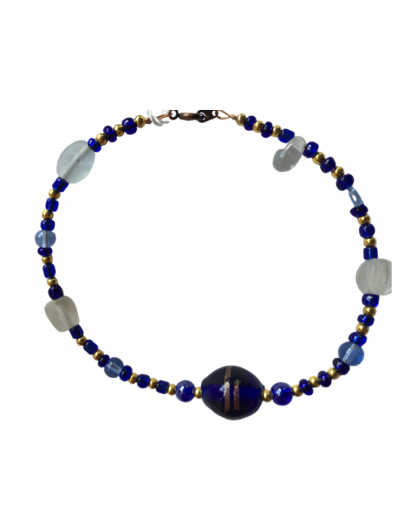 Handcrafted Blue Gold and White Frosted Glass Bead 9 Inch Anklet Bracelet