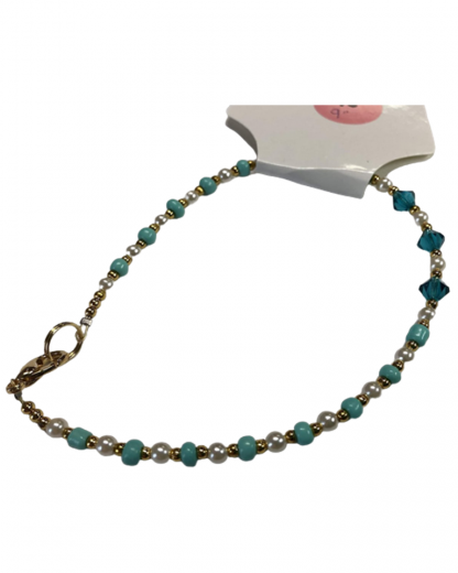 Handcrafted Turquoise Stone Bead White Vintage Pearl Bead and Bluish Green Crystals 9 Inch Anklet